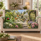 A quilted sofa protector printed with one ladybug, two butterflies and three bees paired with numerals 1, 2 and 3 in a layered garden.