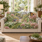 A quilted sofa protector printed with butterfly eggs, a striped caterpillar, green chrysalis and orange butterfly in a layered garden.