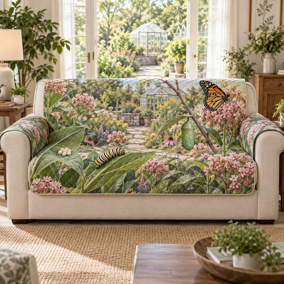 A quilted sofa protector printed with butterfly eggs, a striped caterpillar, green chrysalis and orange butterfly in a layered garden.