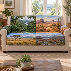 A quilted sofa protector printed with rainforest, desert, grassland and tundra landscape windows.