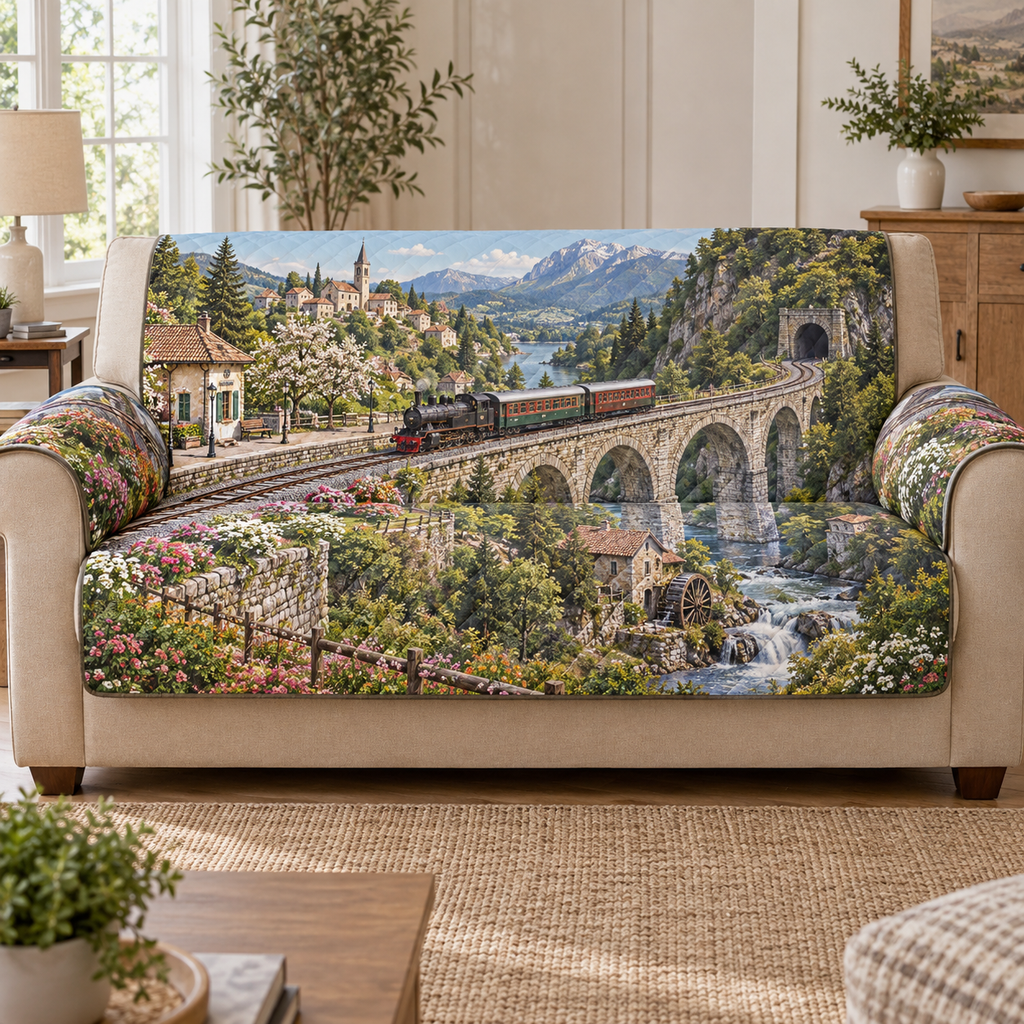 A quilted sofa protector printed with a village railway route from a station across a stone viaduct toward a mountain tunnel.