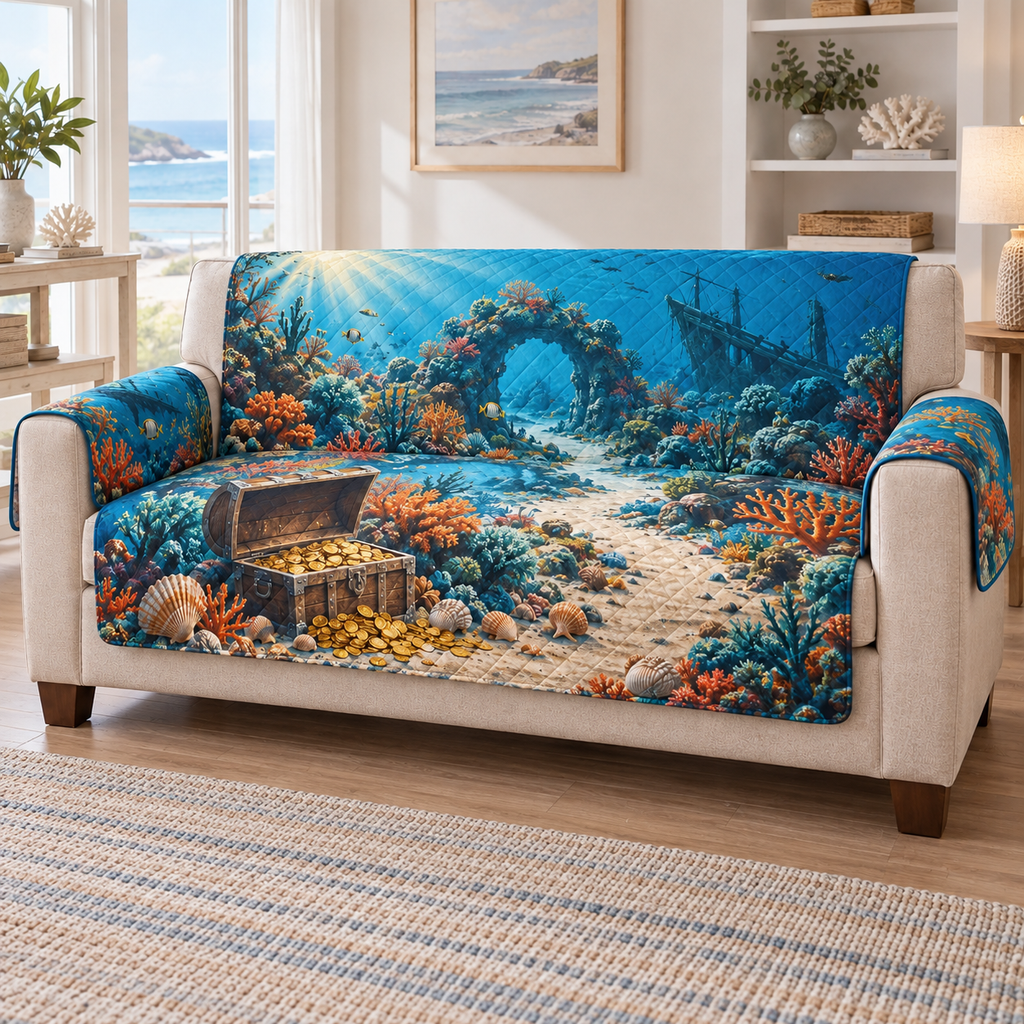 A quilted sofa protector printed with an underwater treasure chest, shell-marked sandy route, coral arch and distant shipwreck.