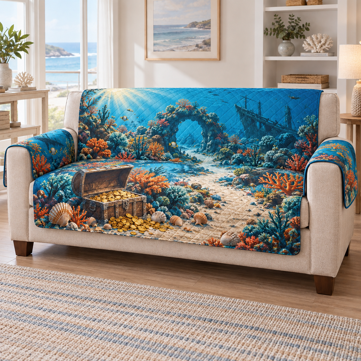 A quilted sofa protector printed with an underwater treasure chest, shell-marked sandy route, coral arch and distant shipwreck.