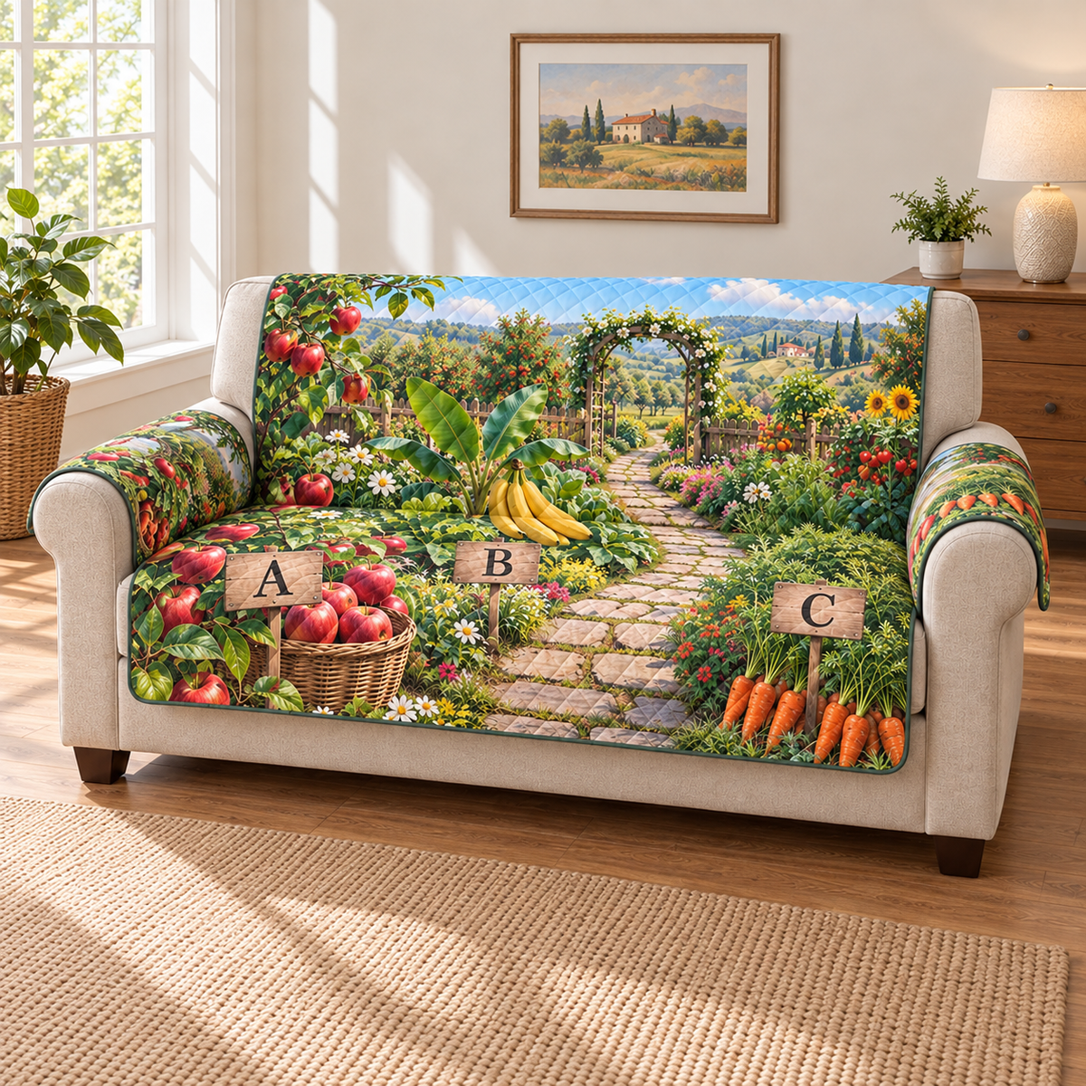 A quilted sofa protector printed with A for apples, B for bananas and C for carrots in a layered produce garden.