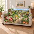 A quilted sofa protector printed with A for apples, B for bananas and C for carrots in a layered produce garden.
