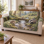 A quilted sofa protector printed with a hedgehog, badger and mouse beside a paper boat on a woodland creek.