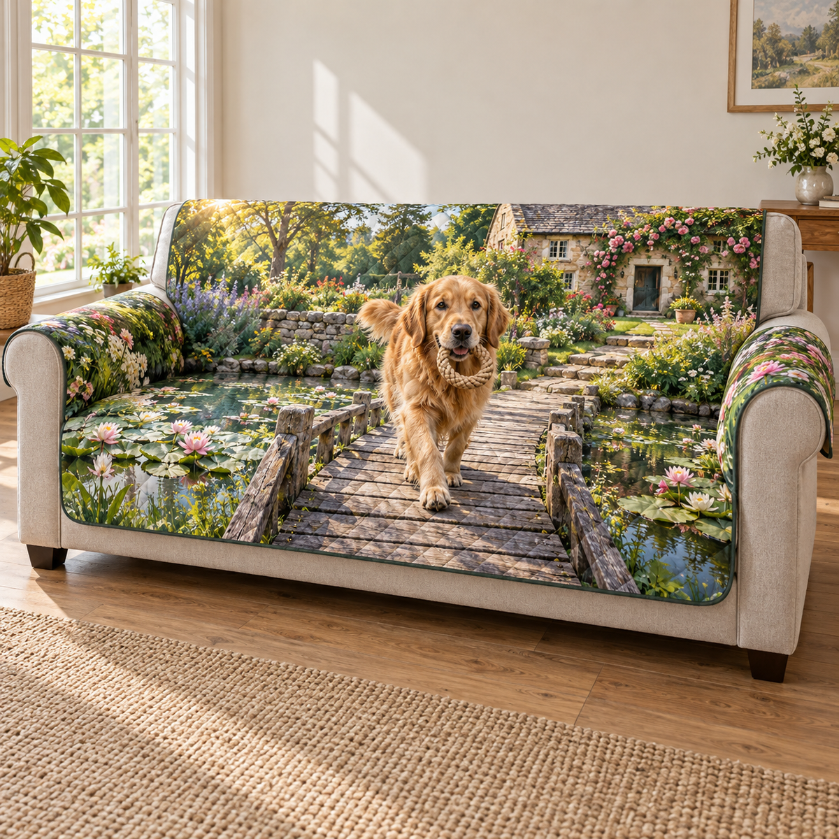 A quilted sofa protector printed with a golden retriever carrying a rope ring across a garden pond bridge.