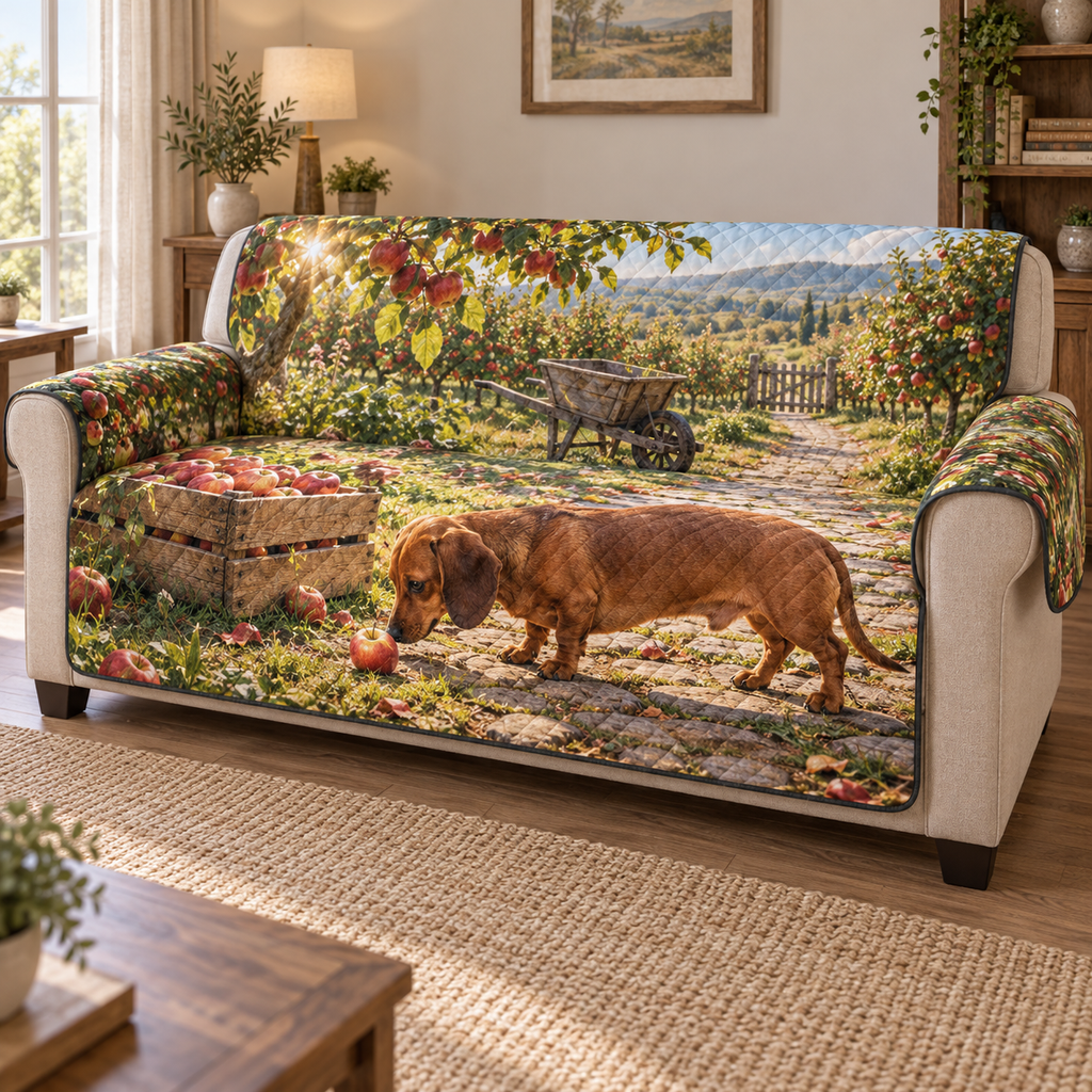 A quilted sofa protector printed with a dachshund sniffing an apple beside a wooden crate in a layered orchard.