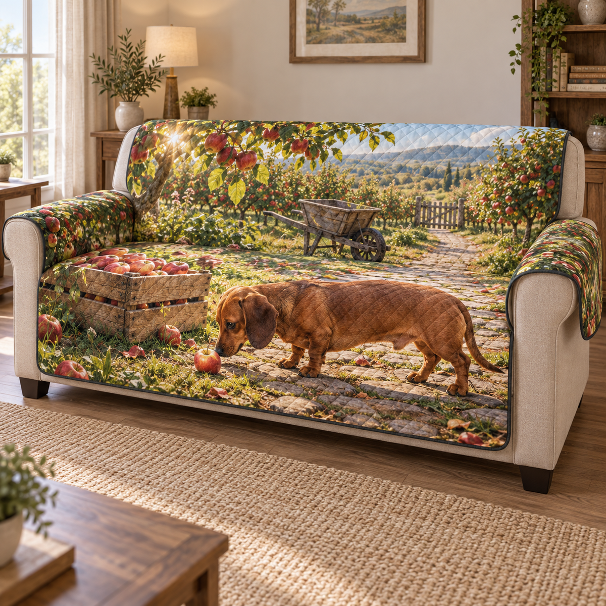 A quilted sofa protector printed with a dachshund sniffing an apple beside a wooden crate in a layered orchard.