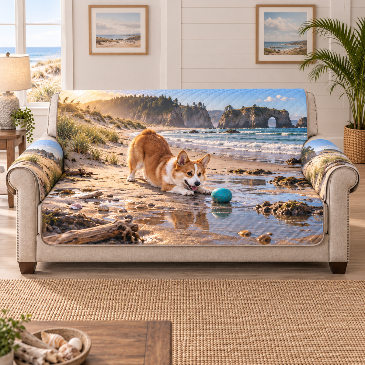 A quilted sofa protector printed with a playful corgi and turquoise ball beside a tidepool, dunes and distant sea arch.