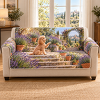 A quilted sofa protector printed with an apricot poodle watching a blue butterfly beside layered lavender garden steps.