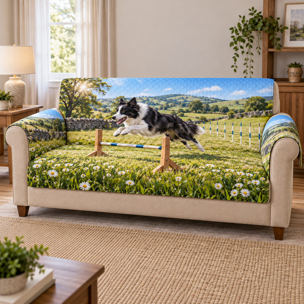 Flat printed meadow agility artwork with one border collie jumping a low hurdle, with receding weave poles and rolling hills.