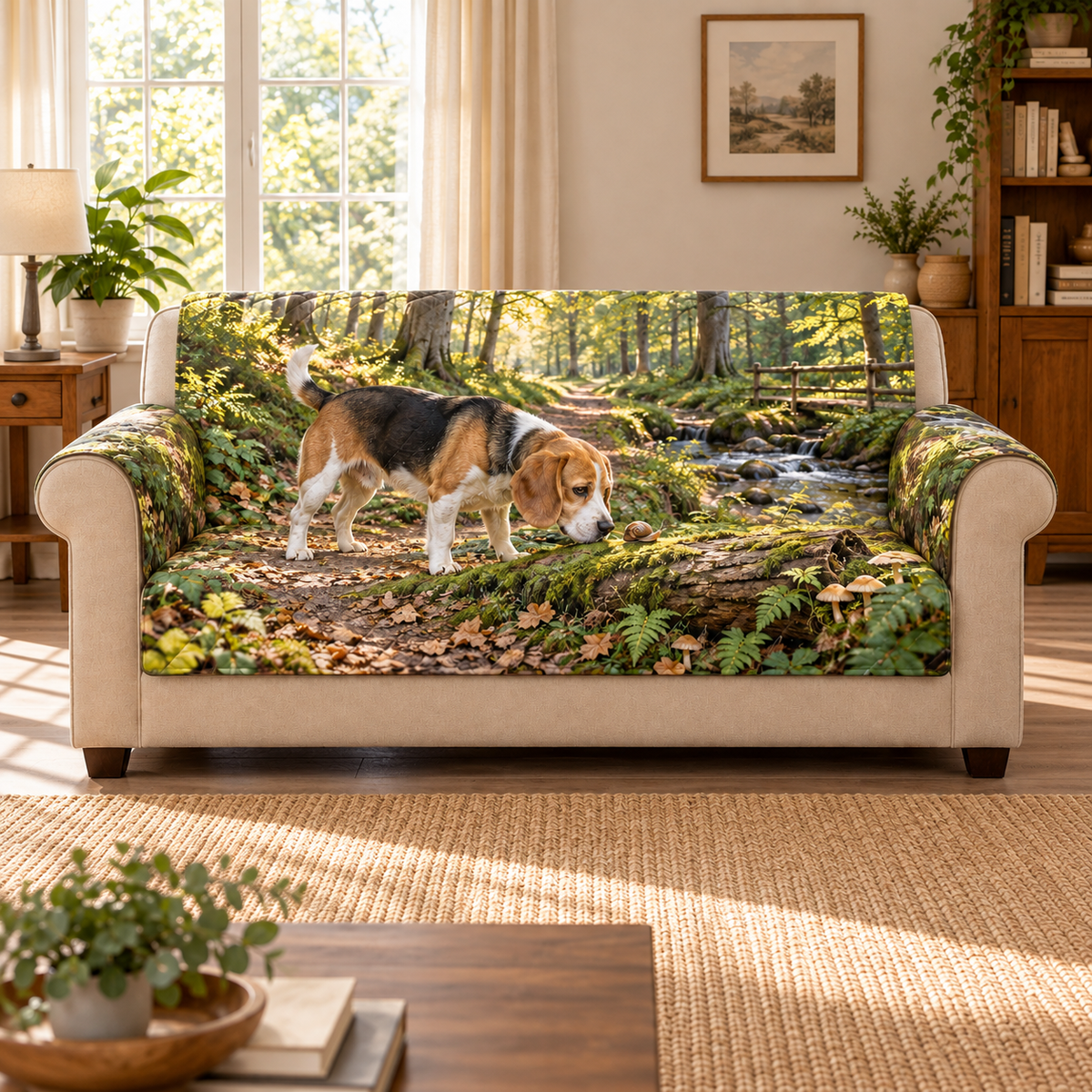 Flat printed woodland artwork with a beagle investigating a snail on a mossy log, layered fern path, brook and beech forest.