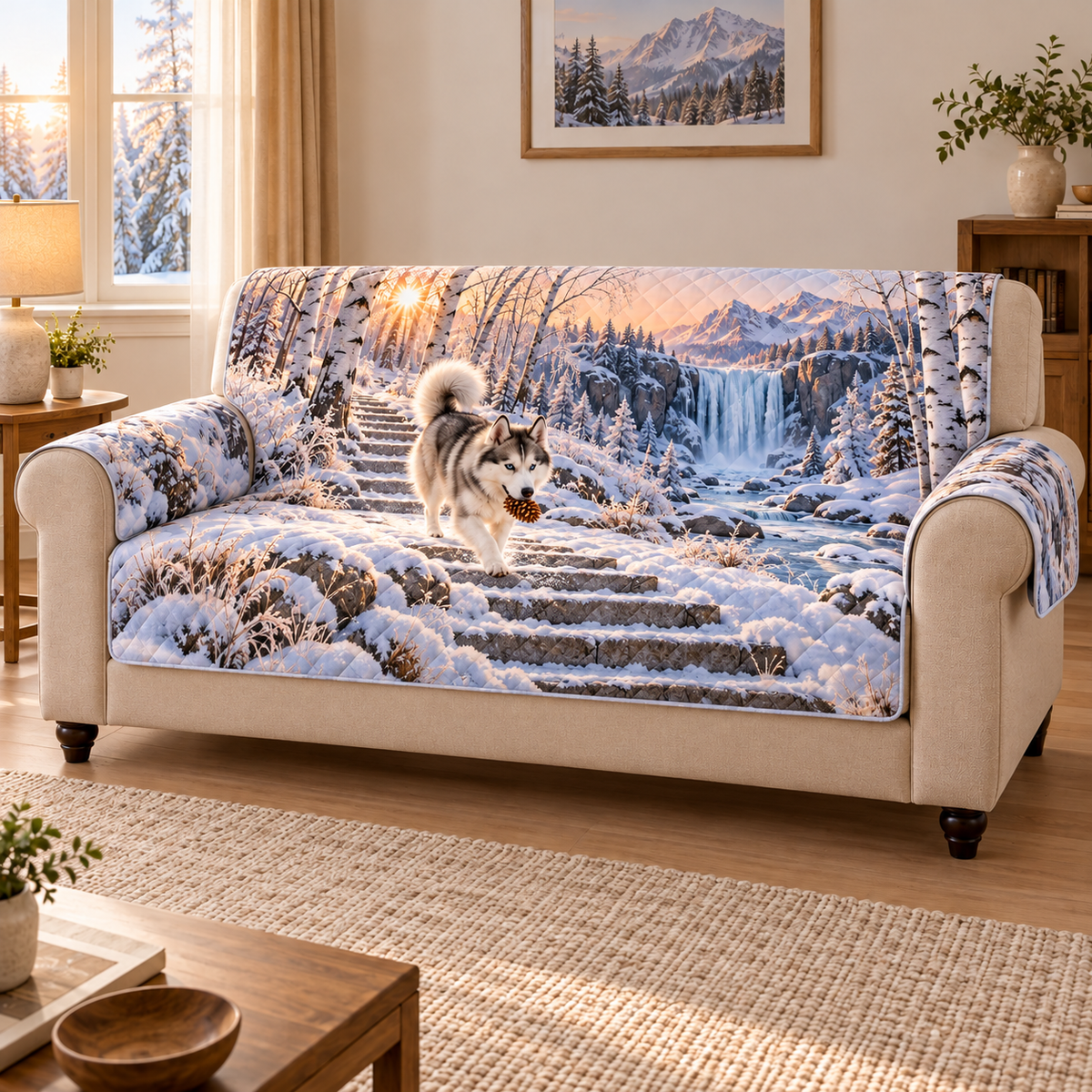 Flat printed winter artwork with a husky carrying a pinecone down snowy steps, layered birch arch, partly frozen brook and waterfall.