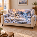 Flat printed winter artwork with a husky carrying a pinecone down snowy steps, layered birch arch, partly frozen brook and waterfall.