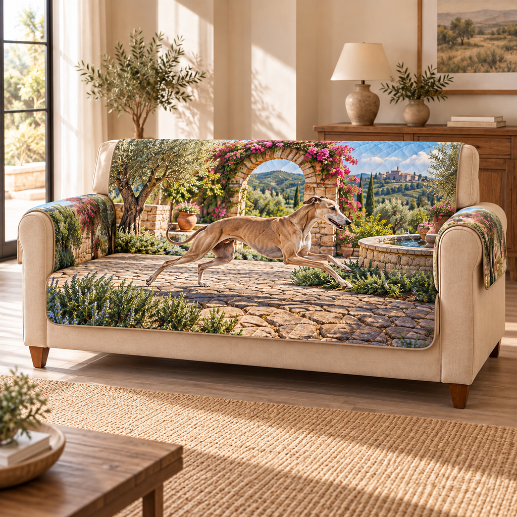 Flat printed garden artwork with a running fawn greyhound, cobblestone path, fountain edge, flowering stone arch and olive hills.