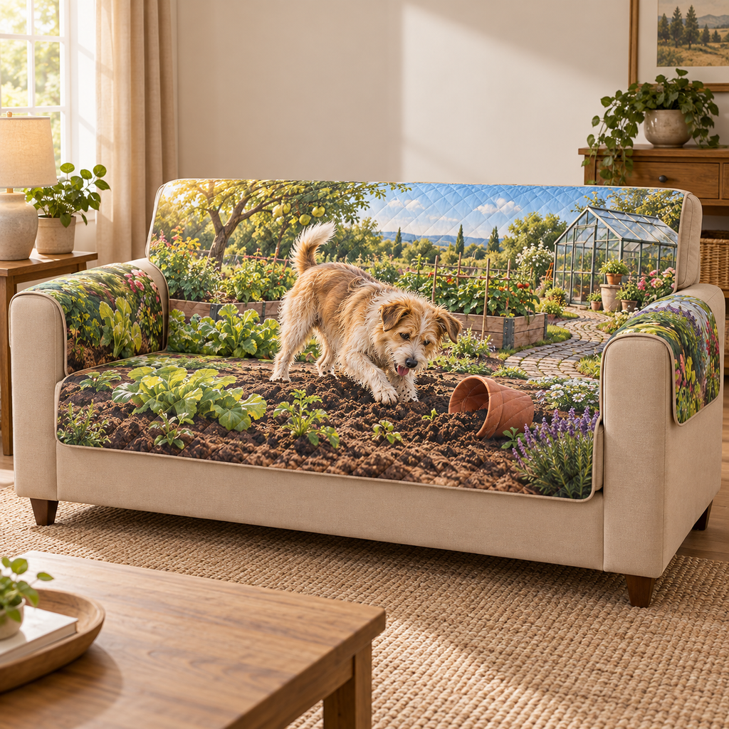 Flat printed garden artwork with a scruffy mixed-breed dog digging beside a terracotta pot, raised beds and a distant greenhouse.