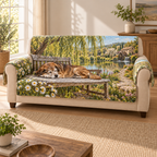 Flat printed pond-garden artwork with a silver-muzzled brown dog napping on a wooden bench beneath willow branches.