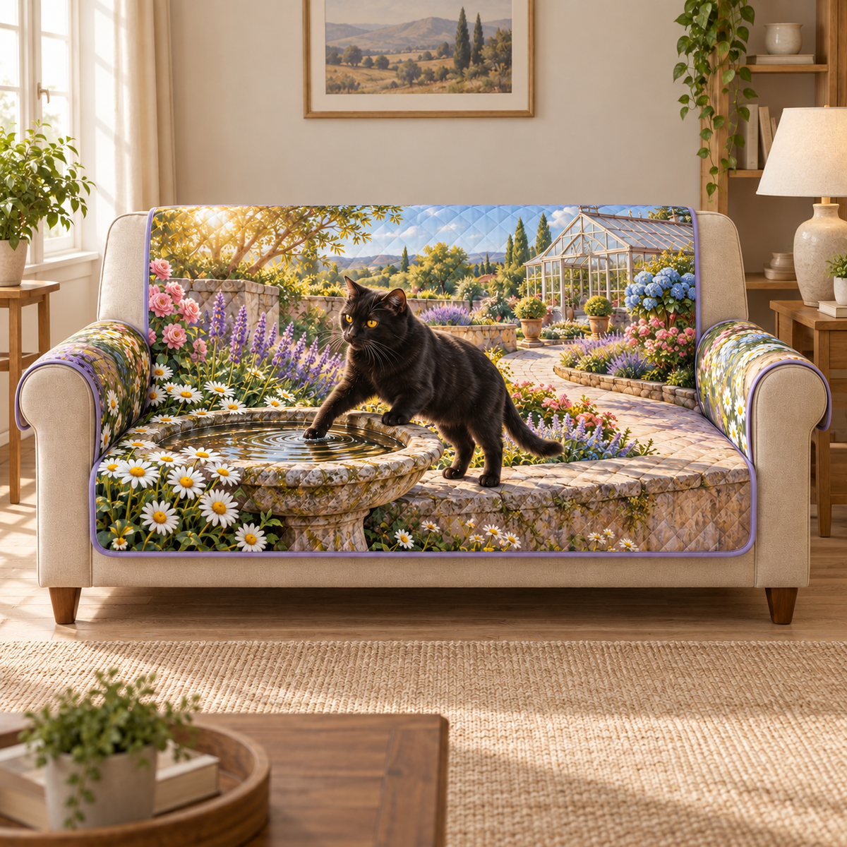 Flat printed garden artwork with a black cat touching birdbath water, ripples, layered lavender path and a distant greenhouse.