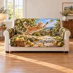 An orange tabby leaps for a golden leaf above a pear basket, with a layered orchard path, wooden gate and distant countryside.