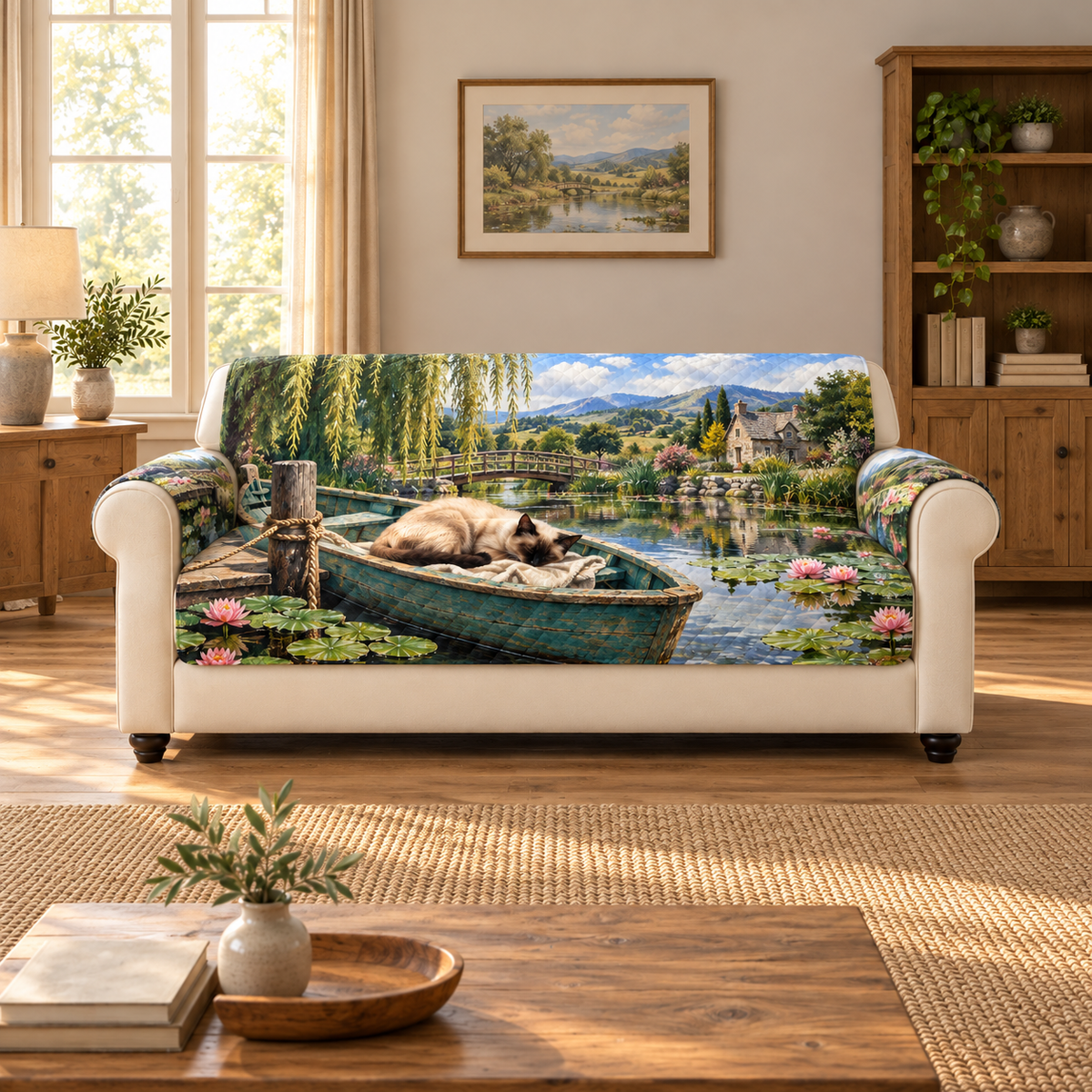 A sleeping seal-point Siamese curls on an ivory cloth in a teal rowboat, with jetty, lotus pond, willow canopy and distant cottage.