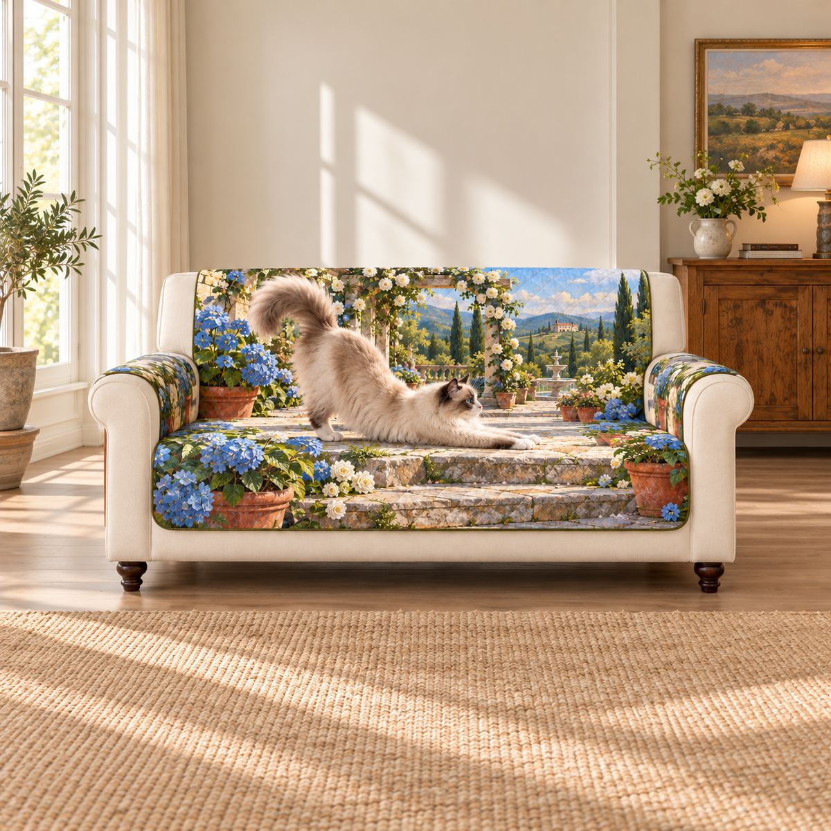 A fluffy Ragdoll stretches forward down sunlit stone steps beside blue hydrangeas, with a receding rose pergola and distant fountain.