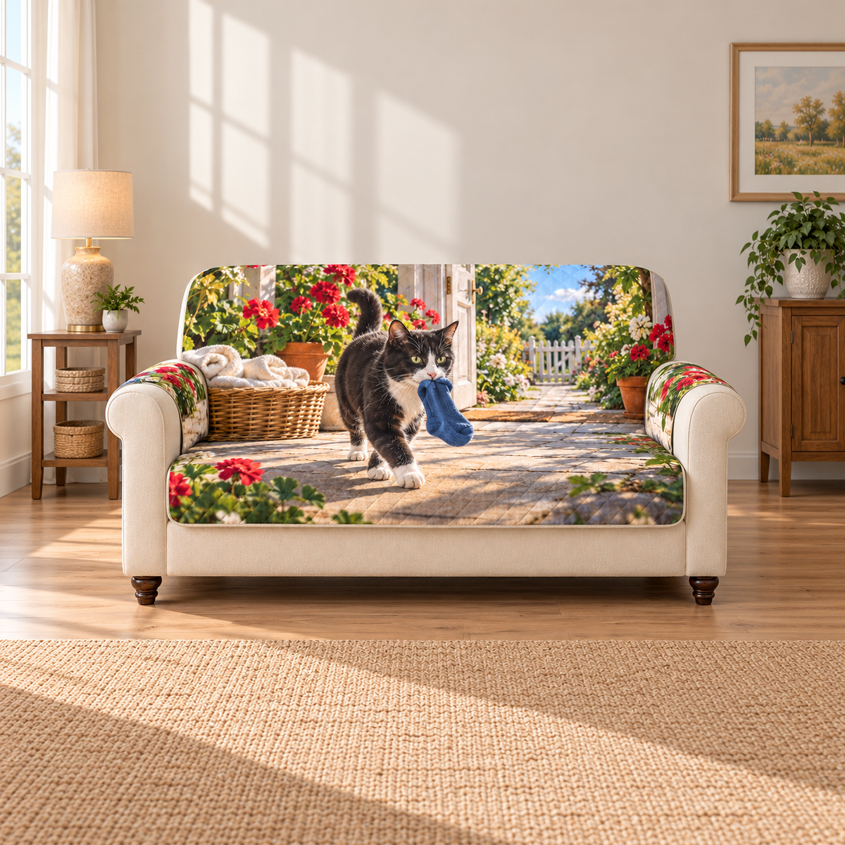 A tuxedo cat carries a plain blue sock across a sunlit tiled porch, with a wicker laundry basket, geraniums and distant garden gate.