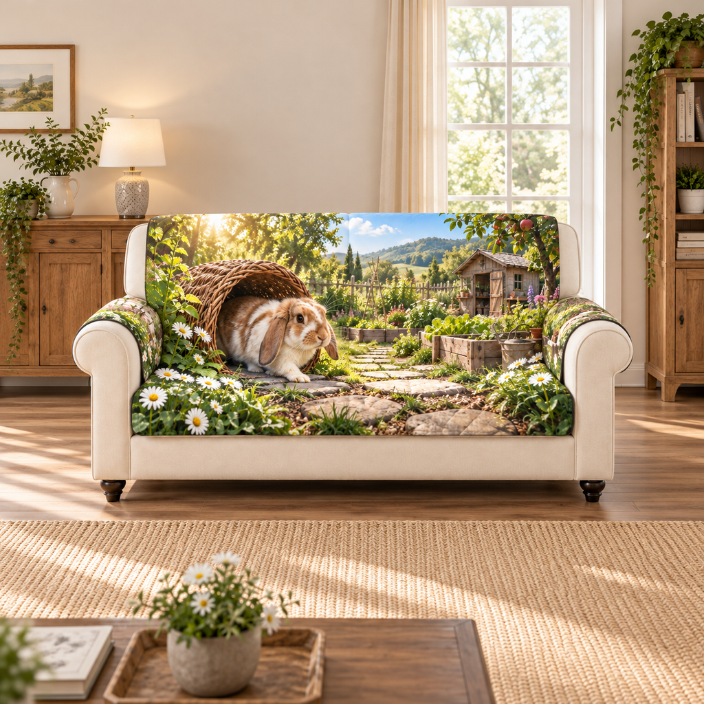A lop-eared house rabbit hops out of a woven willow tunnel into a sunlit garden, with daisies, vegetable beds and distant potting shed.