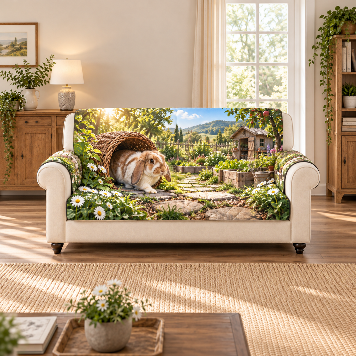 A lop-eared house rabbit hops out of a woven willow tunnel into a sunlit garden, with daisies, vegetable beds and distant potting shed.