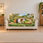 A tricolor guinea pig nibbles a romaine leaf beside a terracotta dish, with clover, herb beds, brick path and distant greenhouse.