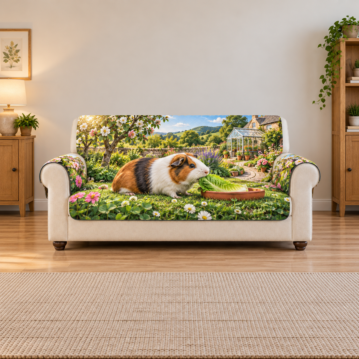 A tricolor guinea pig nibbles a romaine leaf beside a terracotta dish, with clover, herb beds, brick path and distant greenhouse.
