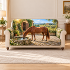 A chestnut horse drinks from a stone trough in a cobbled courtyard, with ivy archway, open stable doors and distant orchard hills.