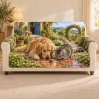 A golden dog and grey tabby cat watch a tiny snail on a terracotta steppingstone, with cottage porch, herb path, rose arch and distant hills.