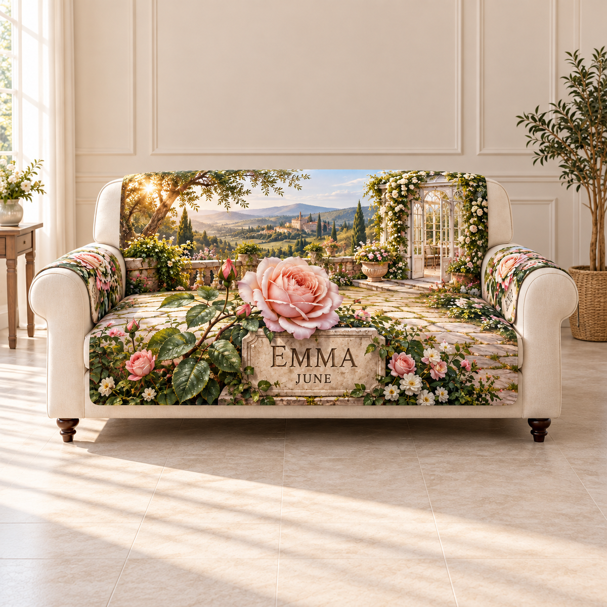 Example June rose and EMMA name plaque with dew, steppingstone path, conservatory doorway and distant garden hills. Choose your name and birth month.