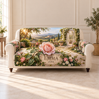 Example June rose and EMMA name plaque with dew, steppingstone path, conservatory doorway and distant garden hills. Choose your name and birth month.