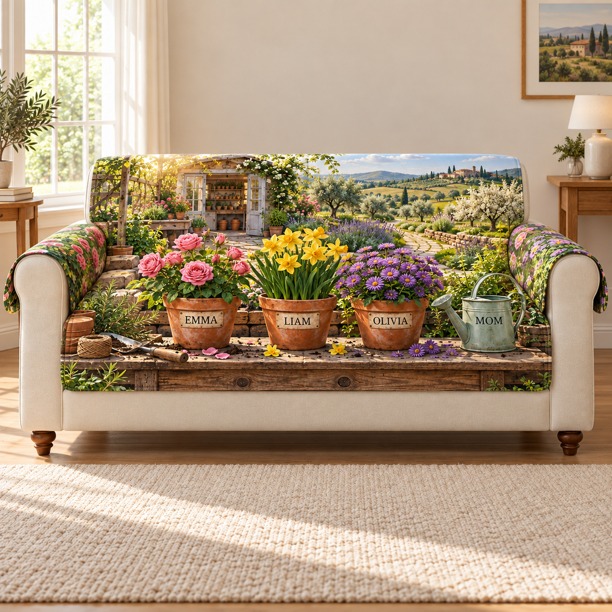 Example MOM watering can and three named flower pots: EMMA rose, LIAM daffodil and OLIVIA aster, with potting shed, herb path and orchard hills.