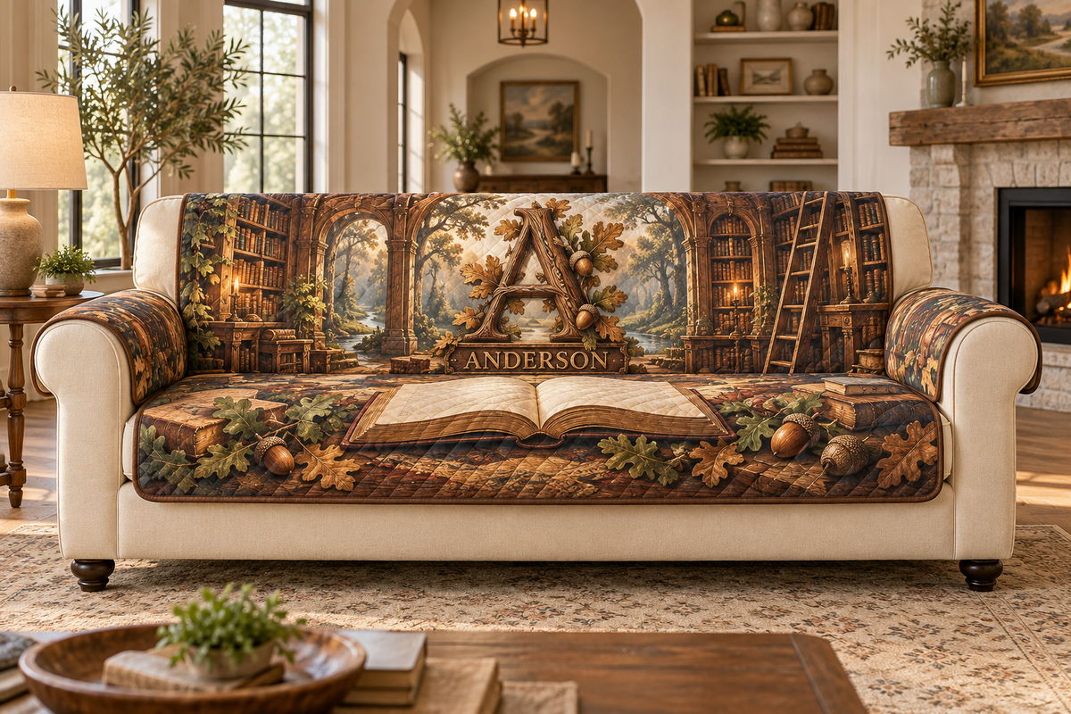 Example A and ANDERSON in a printed walnut-style oak-leaf monogram, with blank open book, arched library shelves, ladder and distant oak woodland.