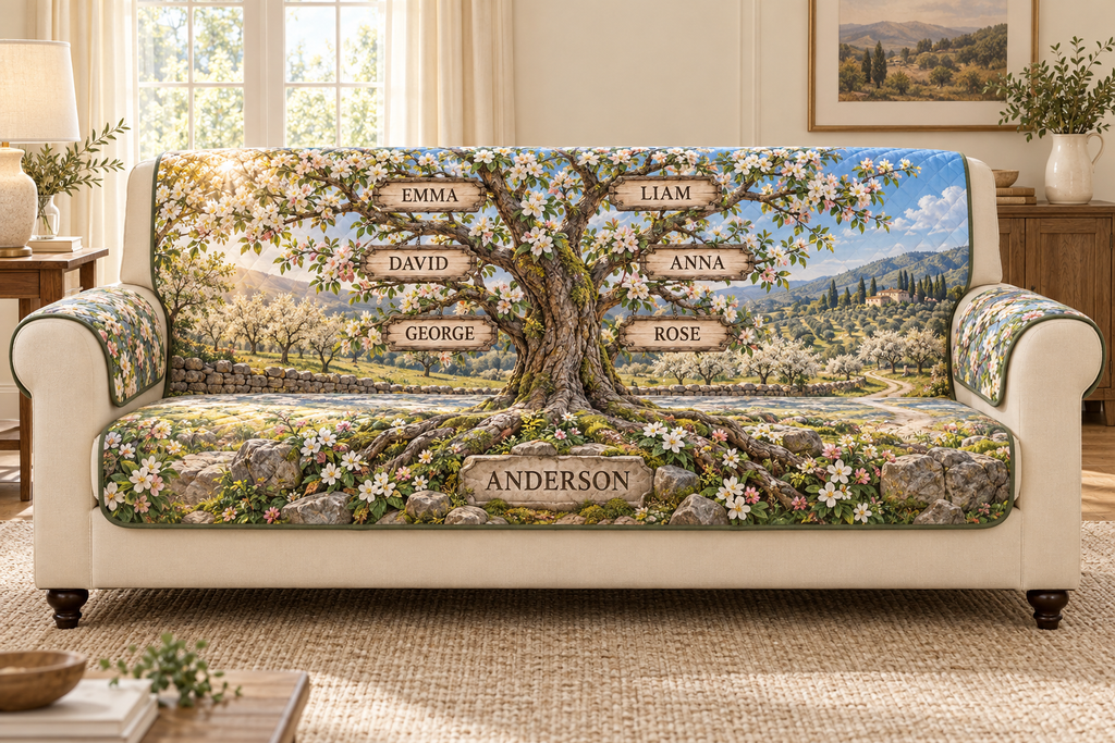 Example ANDERSON apple tree with GEORGE and ROSE below DAVID and ANNA, then EMMA and LIAM on upper branches, with orchard lane and distant hills.