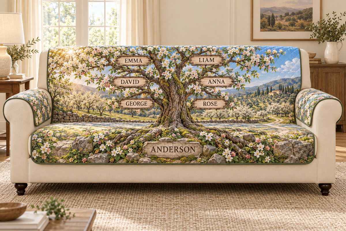 Example ANDERSON apple tree with GEORGE and ROSE below DAVID and ANNA, then EMMA and LIAM on upper branches, with orchard lane and distant hills.