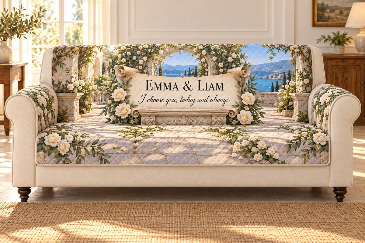 Example EMMA & LIAM and I choose you, today and always. on a printed parchment scroll and marble pedestal, with white roses, courtyard arch and sea hills.