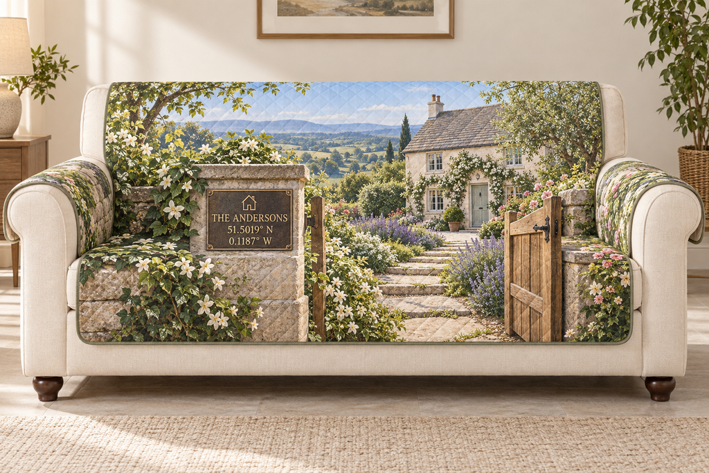 Example THE ANDERSONS and 51.5019° N / 0.1187° W on a printed bronze-style gatepost plaque, oak gate, generic cream-door cottage, jasmine path and orchard hills.