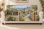 Example THE ANDERSONS and 51.5019° N / 0.1187° W on a printed bronze-style gatepost plaque, oak gate, generic cream-door cottage, jasmine path and orchard hills.