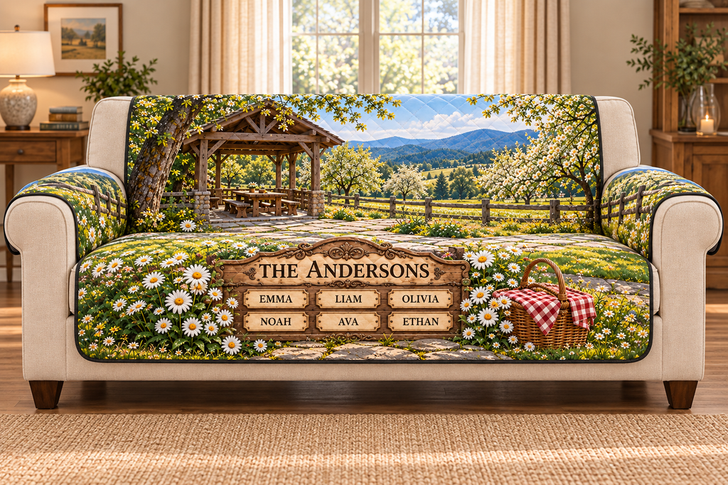 Example THE ANDERSONS with EMMA LIAM OLIVIA above NOAH AVA ETHAN on an oak-style board, woven picnic basket, gingham cloth, pavilion and orchard hills.