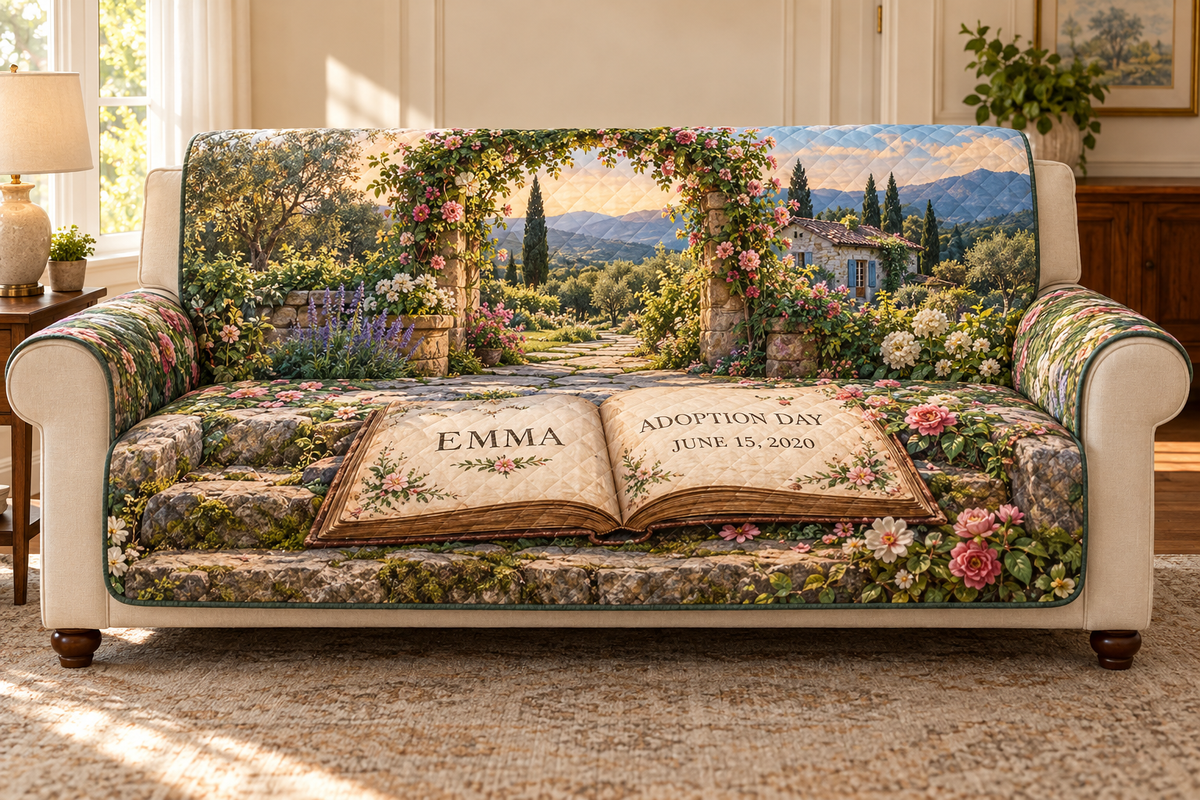 Example EMMA and ADOPTION DAY / JUNE 15, 2020 in an open storybook, mossy limestone steps, leafy flower arch, garden cottage and distant hills.