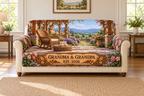 Example GRANDMA & GRANDPA / EST. 2026 oak-style plaque, wicker rocking chair and knitted baby booties on a woven footstool, rose veranda and lavender hills.
