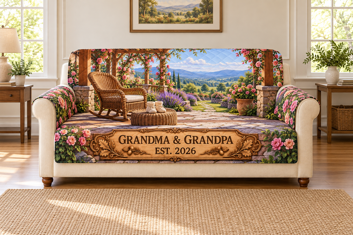Example GRANDMA & GRANDPA / EST. 2026 oak-style plaque, wicker rocking chair and knitted baby booties on a woven footstool, rose veranda and lavender hills.