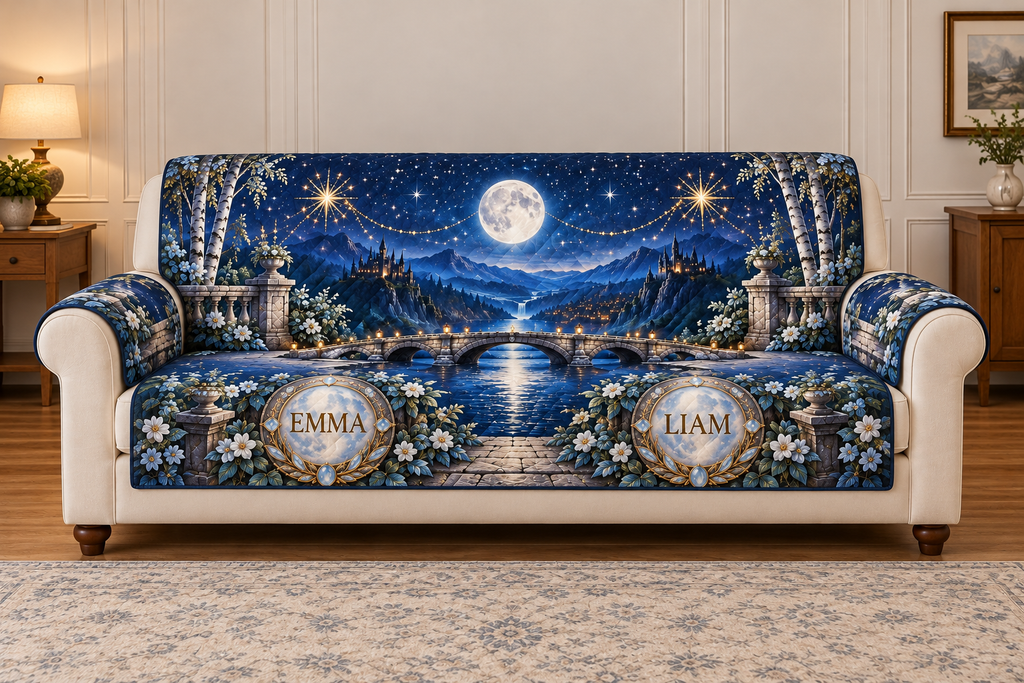 Example EMMA and LIAM moonstone-style medallions, two decorative star clusters linked above an arched stone bridge, indigo valley, birches and distant castle hills.