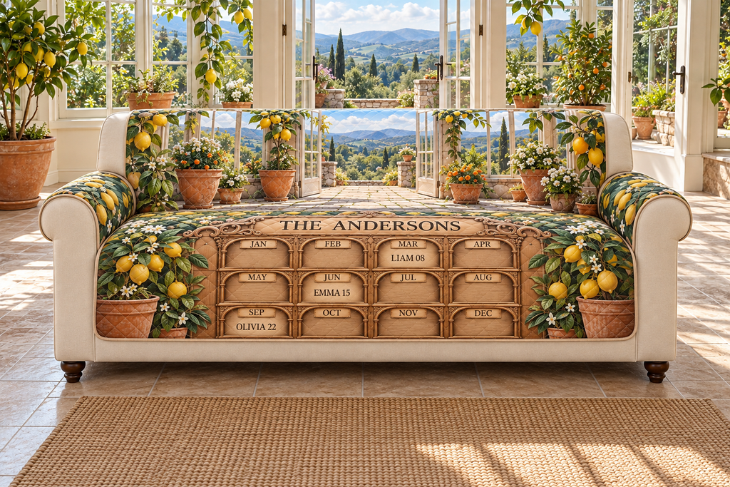 Example THE ANDERSONS perpetual twelve-month oak-style birthday panel, LIAM08 in MAR EMMA15 in JUN OLIVIA22 in SEP, glass citrus conservatory garden hills.