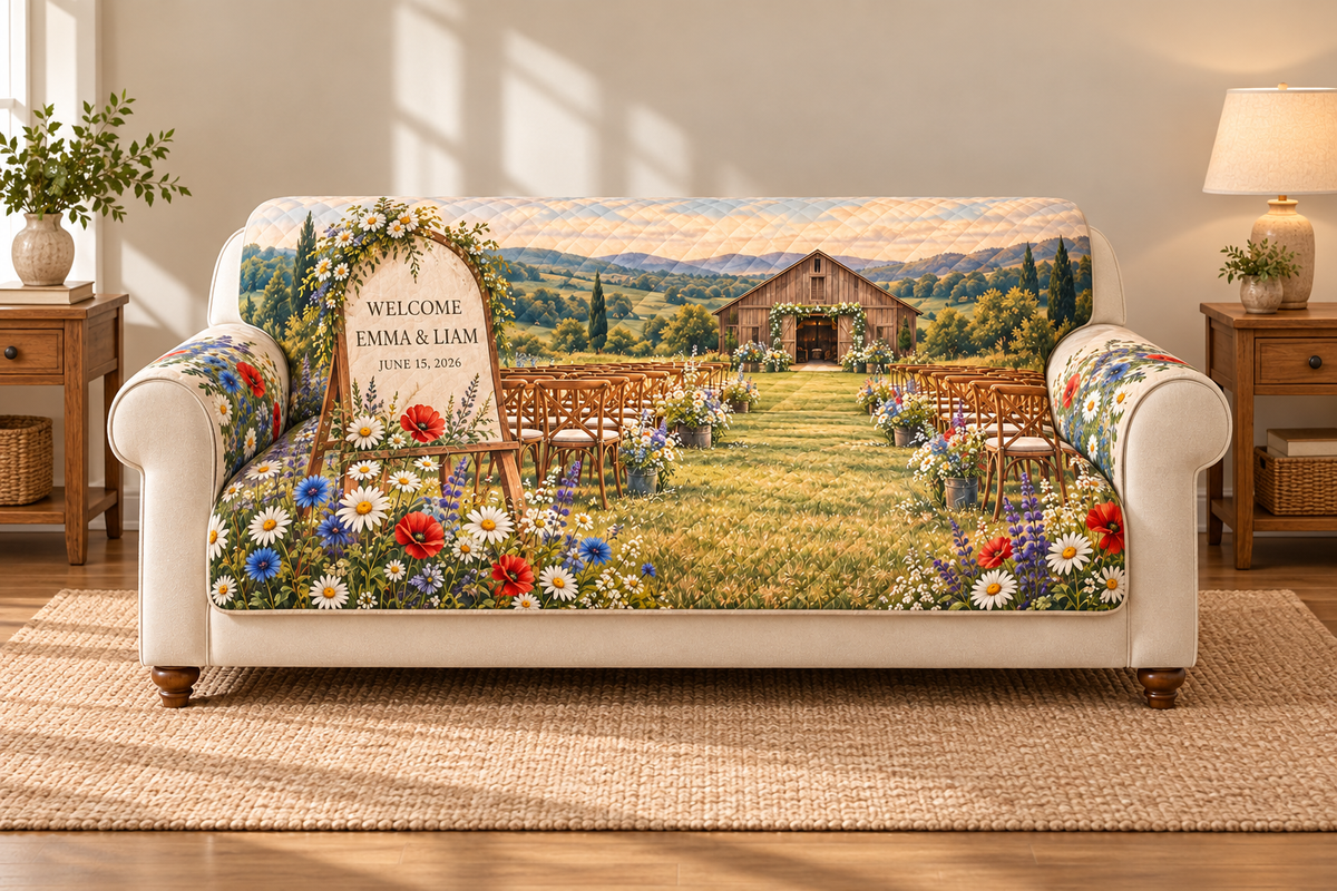 Example WELCOME / EMMA & LIAM / JUNE 15, 2026 ivory plaque on oak-style easel, daisies cornflowers poppies, empty ceremony chairs and distant barn hills.