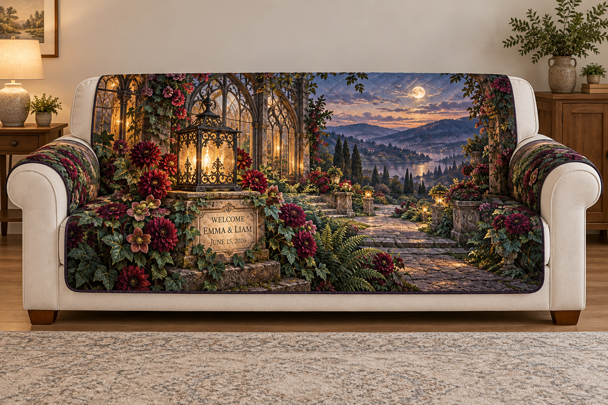 Example WELCOME / EMMA & LIAM / JUNE 15, 2026 plaque below black botanical lantern, burgundy dahlias hellebore ivy fern stone plinth pointed greenhouse arch and hills.